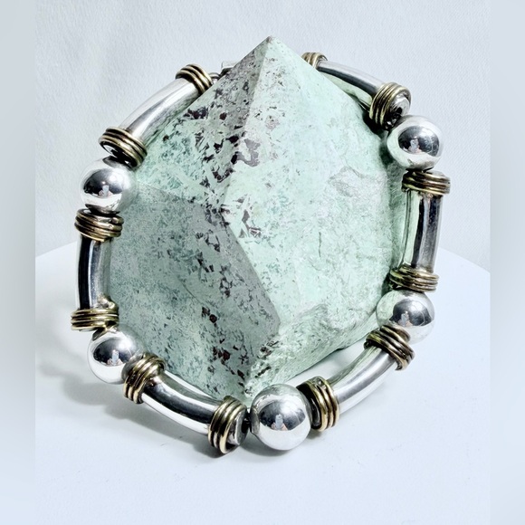 Artisan Jewelry - Vintage Unique Heavy Sterling Silver Ball & Tube w/Brass Wrapped Trim Bracelet